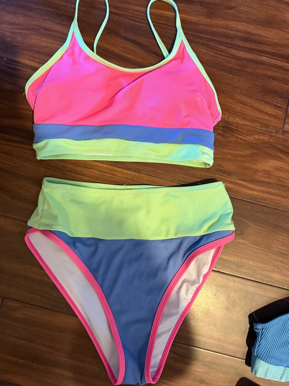 Neon Colorblock womens' Two-Piece Swim Set - Pink, Lime & Blue